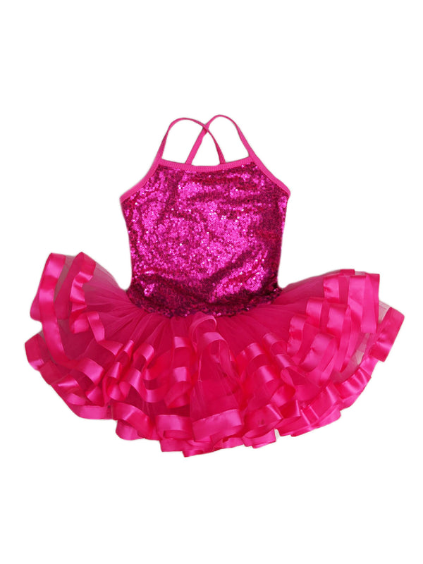 Girls Hot Pink Sequin Cross Back Ribbon Tutu Ballet Dress 9M-8 - SophiasStyle.com